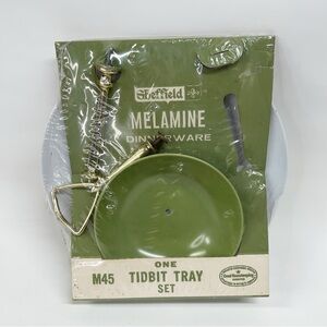 NWT Vintage Melamine Tidbit Tray MCM tiered avocado green midcentury Sheffield